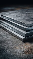 Stack of brushed metal plates with a textured surface and dramatic lighting