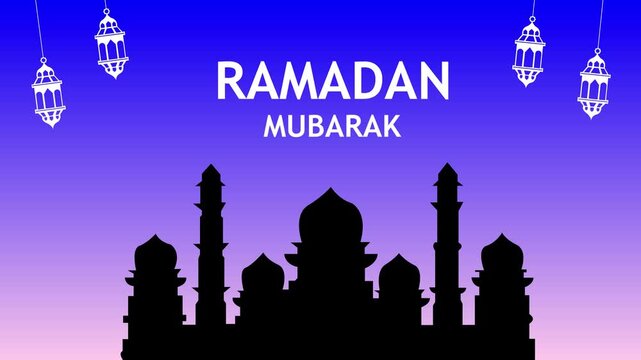 Ramadan mubarak greeting card with mosque silhouette, hanging lanterns and blue-to-purple gradient sky; Islamic holiday banner, minimal vector style.