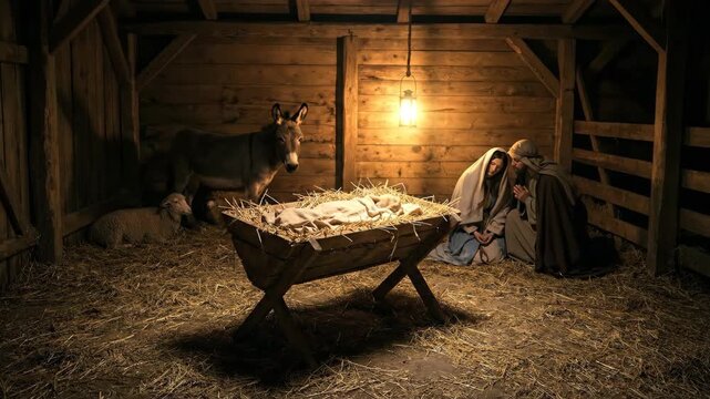 Mary and Joseph kneeling at the manger with baby Jesus in a wooden stable. Traditional nativity scene depicting the birth of Christ with a donkey and sheep.