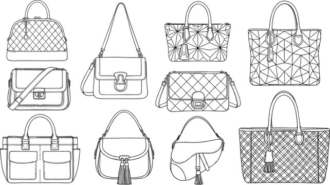 Fashion women handbag collection outline vector set luxury purses tote shoulder bags editable line illustration