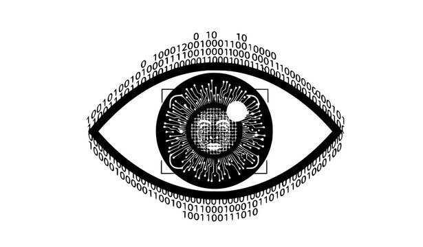 A vector graphic illustration of an eye with binary code surrounding it