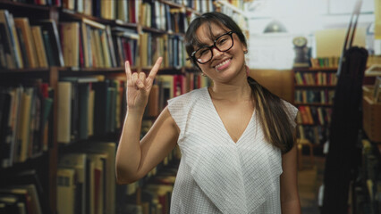 Woman with glasses and ponytail showing rock horns hand gesture in a library building with bookshelves and stacked books  playful curiosity. © Krakenimages.com