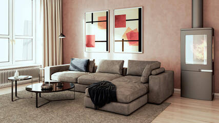 Naklejka premium Large luxury modern bright interiors Living room mockup illustration 3D rendering Generated Color Image