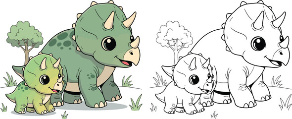 Cute Cartoon Triceratops Mother and Baby Dinosaurs Adorable Prehistoric Family Illustration © Snehashish Pritom
