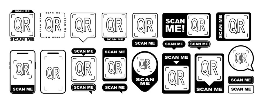 qr code frame set for mobile phone scan, modern scan me icon and qrcode scanner frame design for smartphone camera use, vector template for website payment, shop product card, digital business app