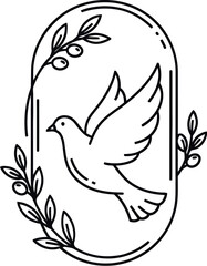 Obraz premium Elegant black and white line art design featuring a soaring dove surrounded by delicate olive branches inside an oval frame