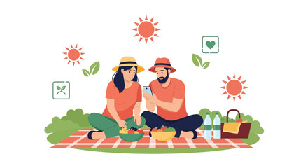Fototapeta premium Couple Enjoying Picnic Outdoors with Healthy Food and Smartphone