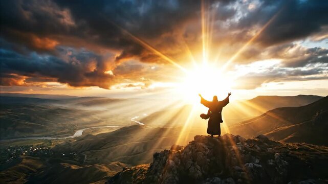 Jesus Christ standing on a mountain peak with arms outstretched during a golden sunset. Religious silhouette of a man praying under bright heavenly rays of light.