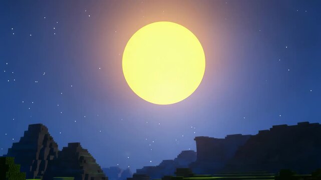 Majestic pixel sunrise over mountainous horizon in blocky landscape animation