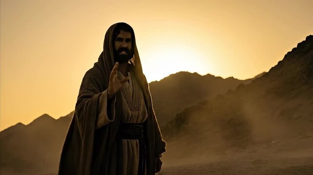 Jesus Christ standing in the desert at sunset gesturing. Man wearing historical robes preaching in dramatic wilderness landscape. Spiritual religious scene concept.