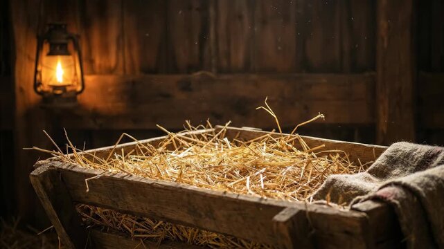 Wooden manger filled with straw in a dark stable. Christian nativity scene symbolizing the birth of Jesus Christ. Bethlehem manger during Christmas holiday.