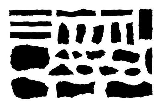 set of torn paper shapes, rough ripped strips and fragments, jagged grunge edges, collage scrap pieces and banners, black silhouette vector elements for label, sticker, background, template design