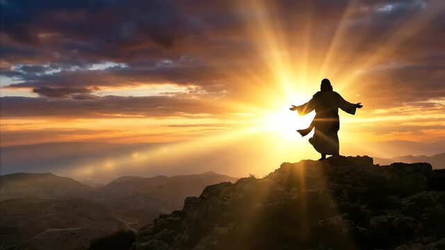 Silhouette of Jesus Christ standing on top of a mountain during sunrise. Catholic religious figure with arms outstretched under glowing golden morning sunlight.