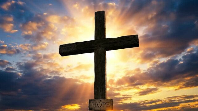 Wooden cross with hope sign against a dramatic sunrise sky. Christian religious faith symbol representing salvation, belief, and divine light in spiritual morning.