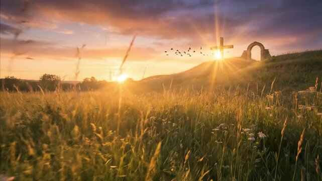 Jesus cross on a hill at sunset during Easter. Rural landscape with golden grass, a stone arch, and a flock of birds flying toward the glowing horizon light.
