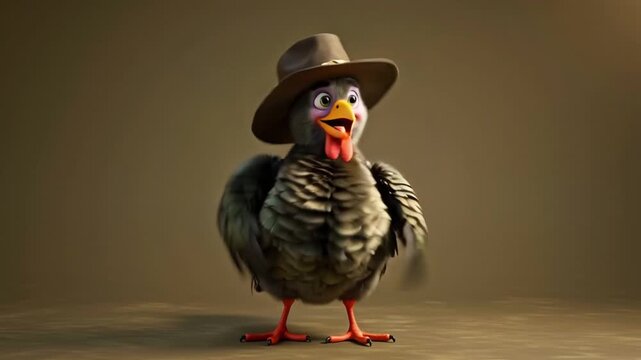 Cute Thanksgiving turkey dancing side to side, pilgrim hat slightly tilted, smiling face and bouncing body, empty brown background, colorful cartoon illustration