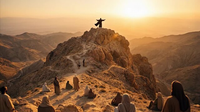 Jesus standing on desert mountain with arms outstretched to people. Religious scene depicting biblical teaching to followers at sunrise. Catholic faith concept.