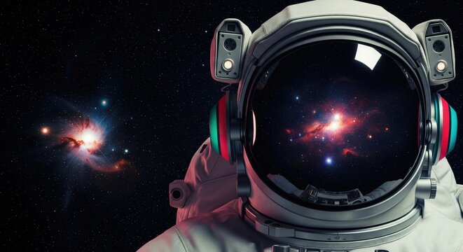 Astronaut looking at distant star clusters and nebula in deep space