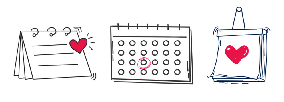 Calendar blank template in doodle style, sketch hand drawn clip art for planning, diary, sticker. Hanging line schedule planner. Reminder and calendar with a check.