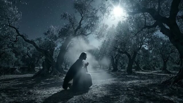 Jesus prays in the garden of Gethsemane at night under moonlight. Man kneeling in olive grove seeking spiritual guidance. Biblical religious scene of faith.