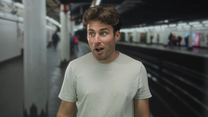 Obraz premium Man mouth open with surprised expression at train station building platform, crowd behind a column; surprise curiosity.