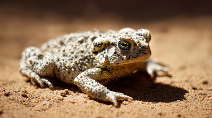 Fototapeta premium herpetology. Macro view of a Sonoran Desert Toad resting on sandy terrain in natural sunlight. wildlife magazines, conservation campaigns, designed for wildlife conservation campaigns. 