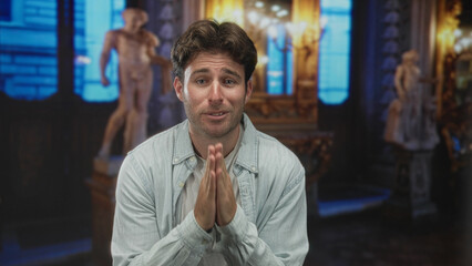 Fototapeta premium Man with hands pressed together in prayer gesture inside ornate museum hall facing camera; pleading.