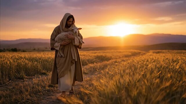 Jesus Christ walking through a wheat field carrying a small lamb at sunset. Biblical shepherd figure in robe representing faith, peace, and Christian spiritual.