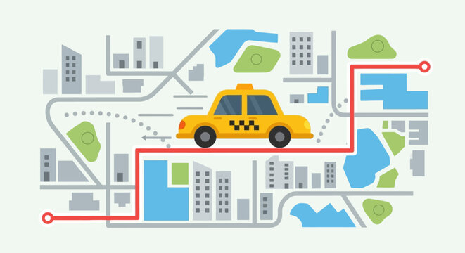 Yellow taxi cab driving on a city map with a highlighted red route, illustrating urban navigation and transportation services.