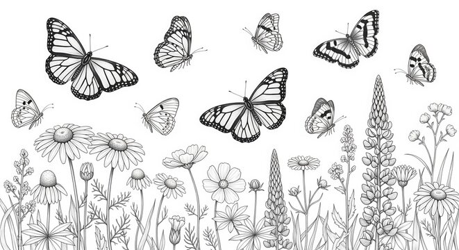 Black and white illustration of butterflies with striped wings among wildflowers including daisies and coneflowers. Delicate line work perfect for coloring books and nature designs.