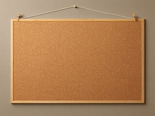 Fototapeta premium Empty cork board hanging on a wall with a string and clothespins
