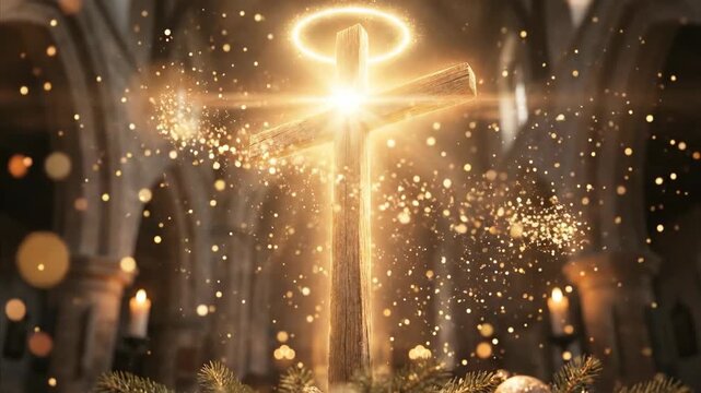 Wooden cross glow with halo inside church sanctuary. Religious symbol for christianity worship. Hope and faith concept during Christmas celebration in prayer room.