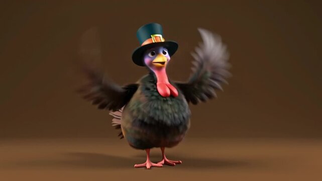 Cute turkey character waving wings while dancing happily, pilgrim hat tilted playfully, Thanksgiving celebration vibe, smooth brown background
