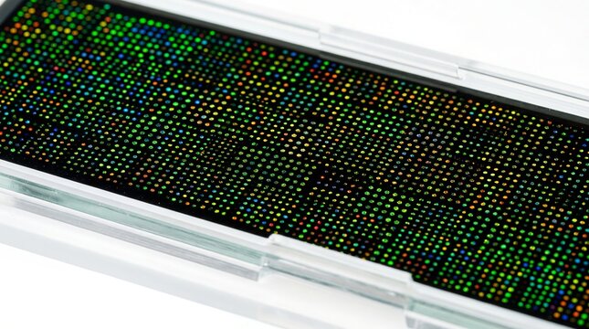 Glow of genetic patterns illuminating intricate pathways within a precise microarray chip for vital bioscience discovery