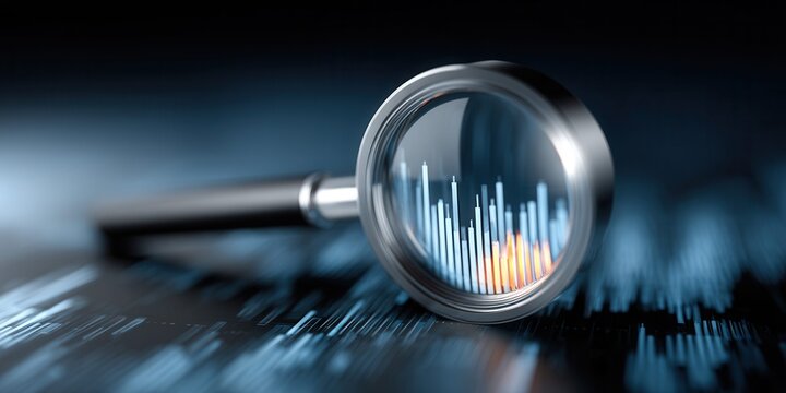 Magnifying glass over financial stock market data charts and graphs