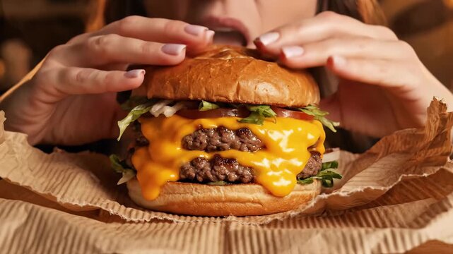 In a warm and inviting ambiance, hands gracefully unwrap a gourmet burger, rich with melted cheese and fresh toppings, inviting an exquisite taste adventure. Each layer promises delight.