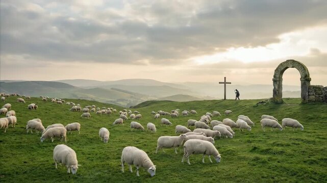 Shepherd leading sheep in green field at sunset with stone arch and cross. Religious scene inspired by Psalm 23 reflecting divine guidance and pastoral care.