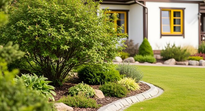 A well manicured garden in front of a house with white walls and yellow window frames