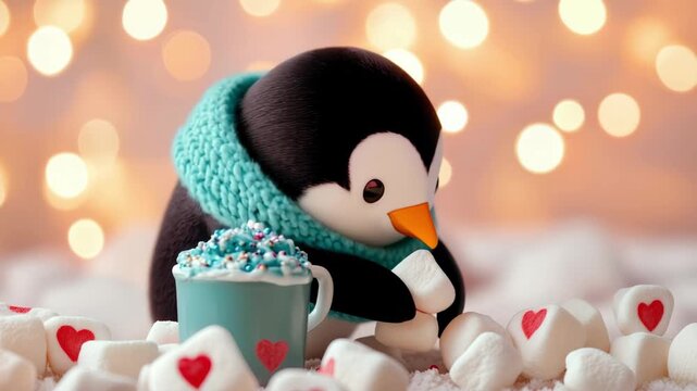Charming penguin celebrates with hot cocoa and marshmallows in a cozy festive setting