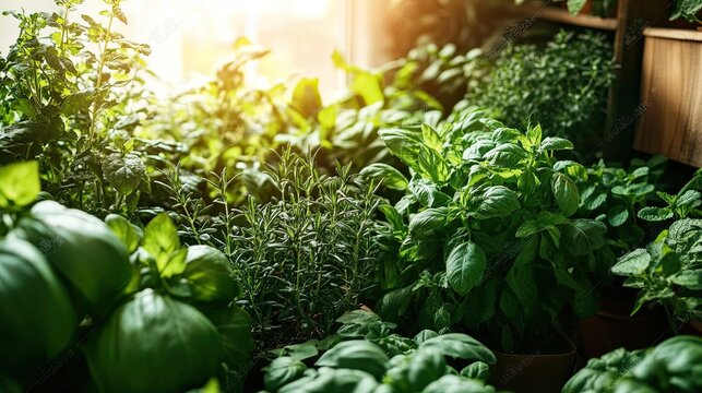 Sunlit indoor herb garden, various plants, homegrown, healthy lifestyle.