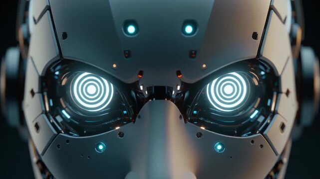 Close-up of futuristic robot head with glowing blue eyes