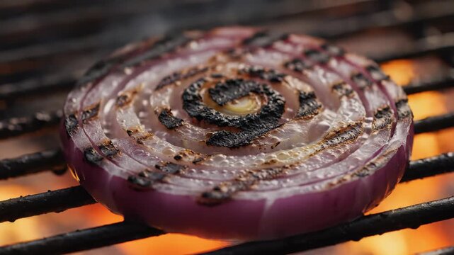 A thick slice of purple onion sizzles on a grill over roaring flames, releasing smoke and tantalizing aromas. The intense heat caramelizes the edges, enhancing the color and texture.