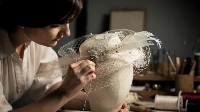 Medium shot of an artisan carefully shaping a handblocked couture fascinator with intricate net veils highlighting delicate craftsmanship and elegant headpiece design.