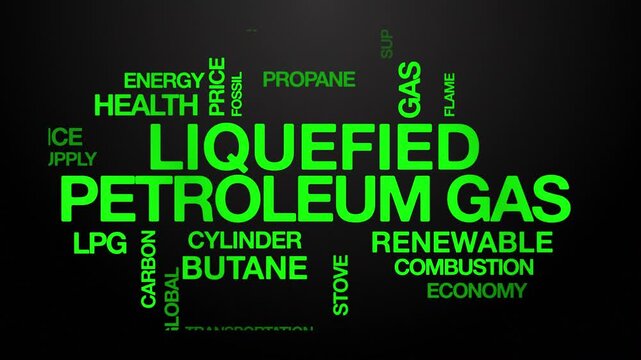 Liquefied petroleum gas concept Animated Tag Word Cloud kinetic typography, Text Design Animation typography seamless loop video motion graphics Intro Wordart green type on black background backdrop b
