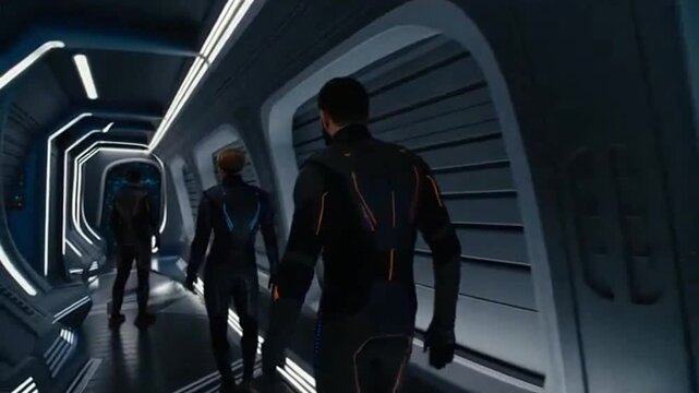 People in futuristic space suits walk towards a galaxy