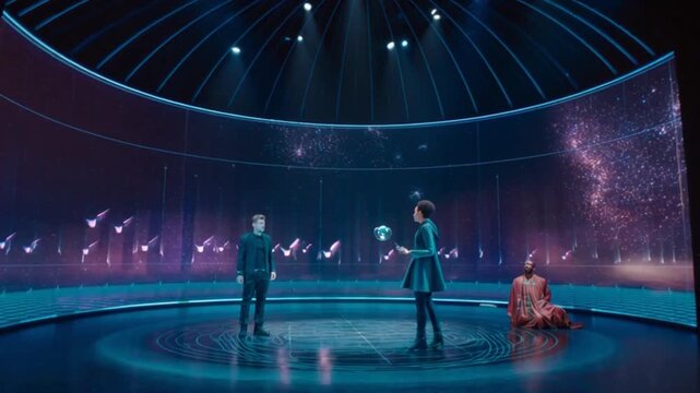 People in futuristic stage setting with domed ceiling