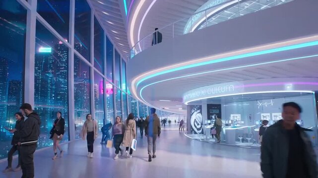 People walk in a futuristic building lobby at night