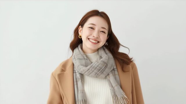 女性が冬のコート姿で明るく手を振る笑顔で挨拶