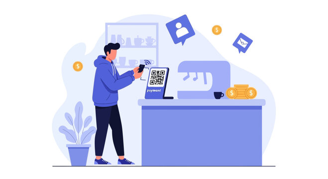 Man scanning QR code on phone at counter for contactless payment or online order