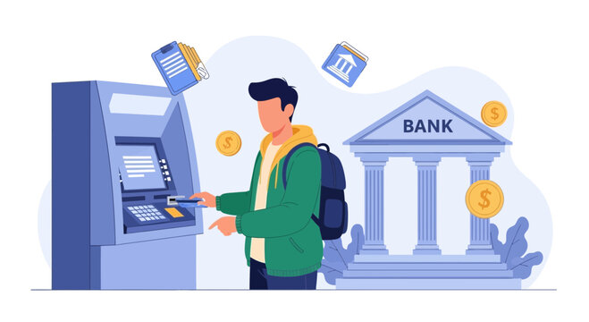 Man using ATM outside bank, financial transaction, withdrawal, modern banking concept